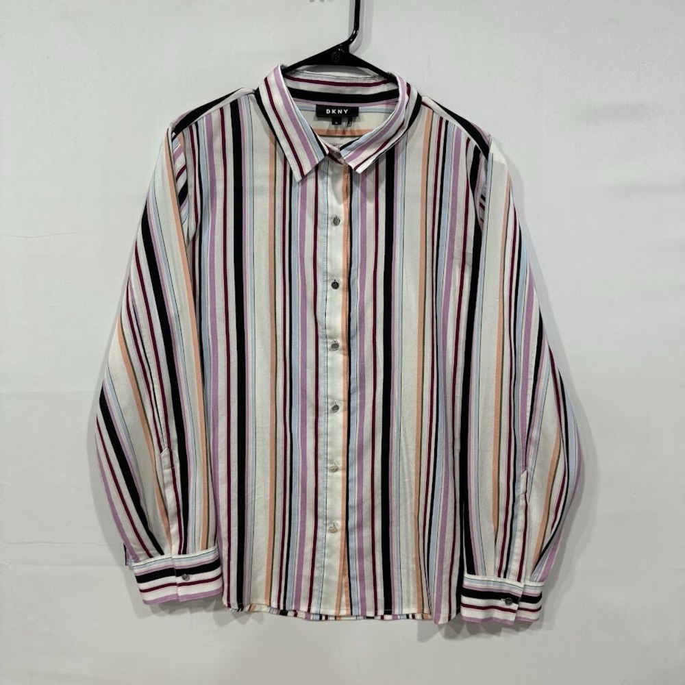 DKNY Button Up Shirt Women's Size XL Multicolor‎ Vertical Stripe Long Sleeve